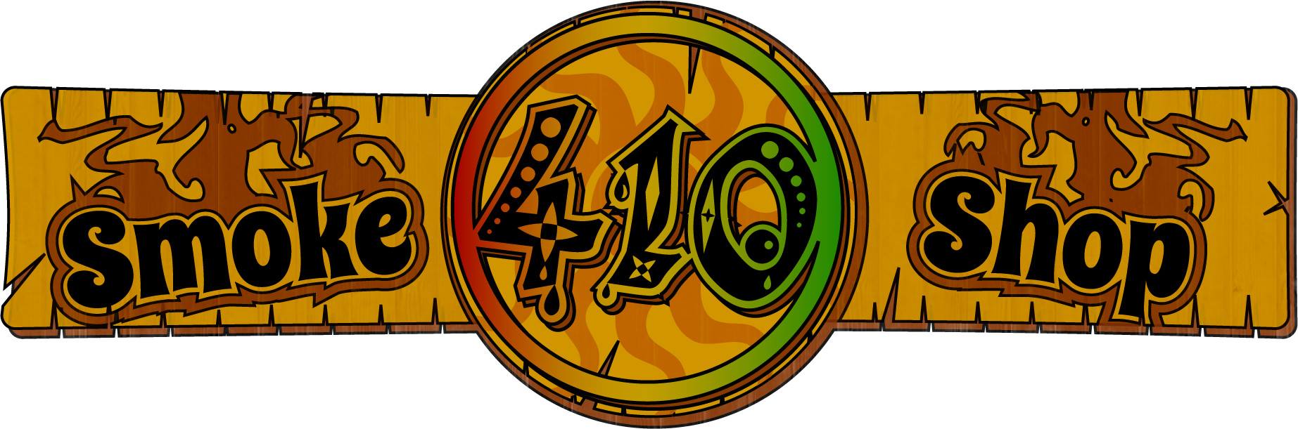 Decorative sign with 'Smoke 410 Shop' text and leaf design on a brown background