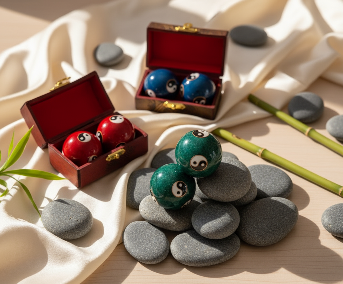 red, green and blue yin yang balls with hand