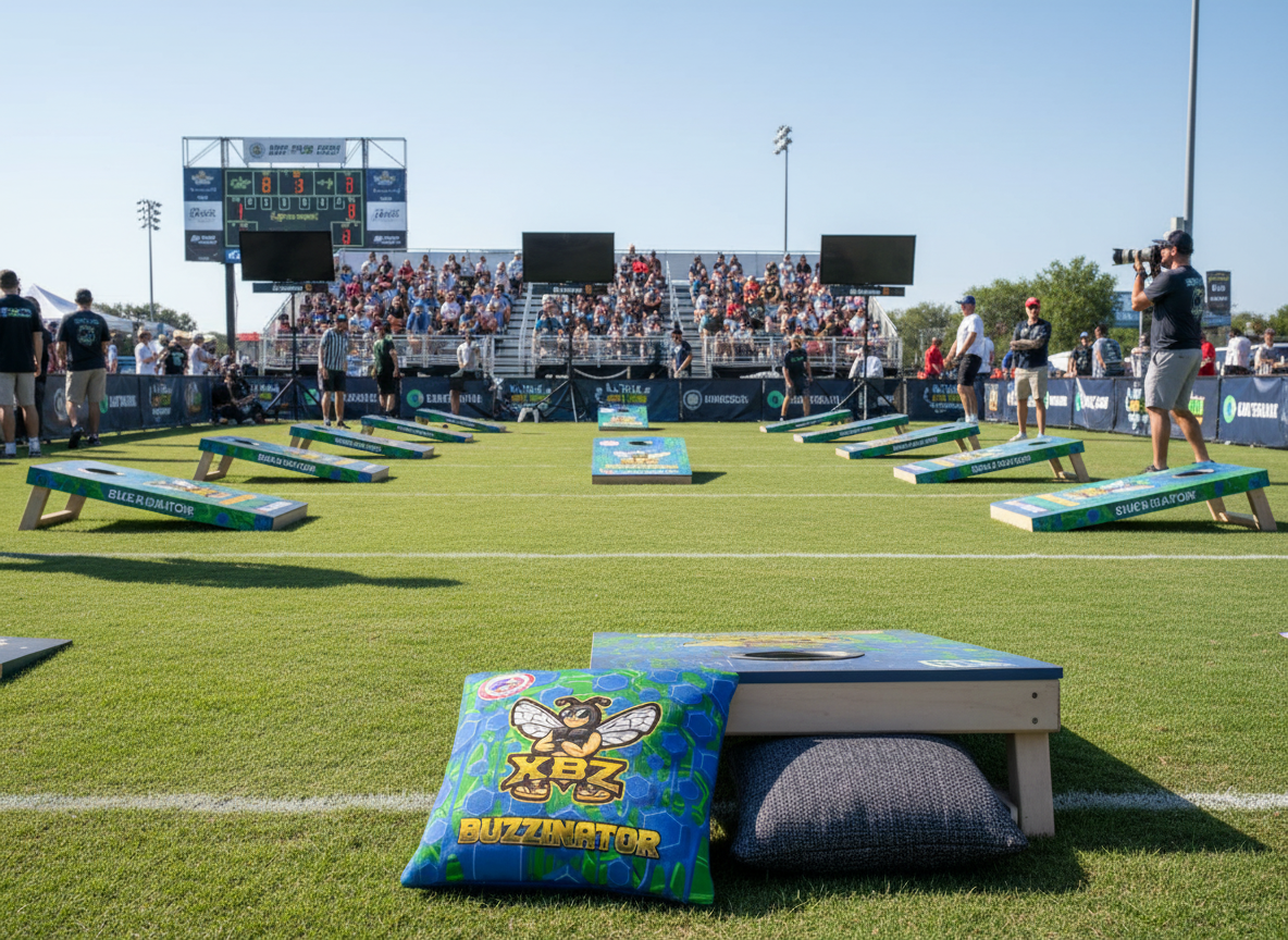 blue green buzzinator cornhole bags