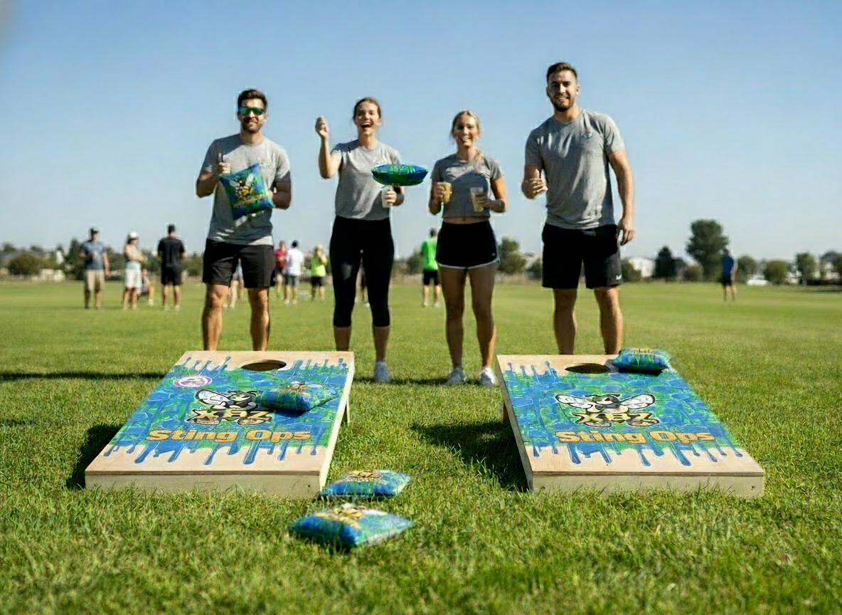 drip blue green StingOps cornhole bag