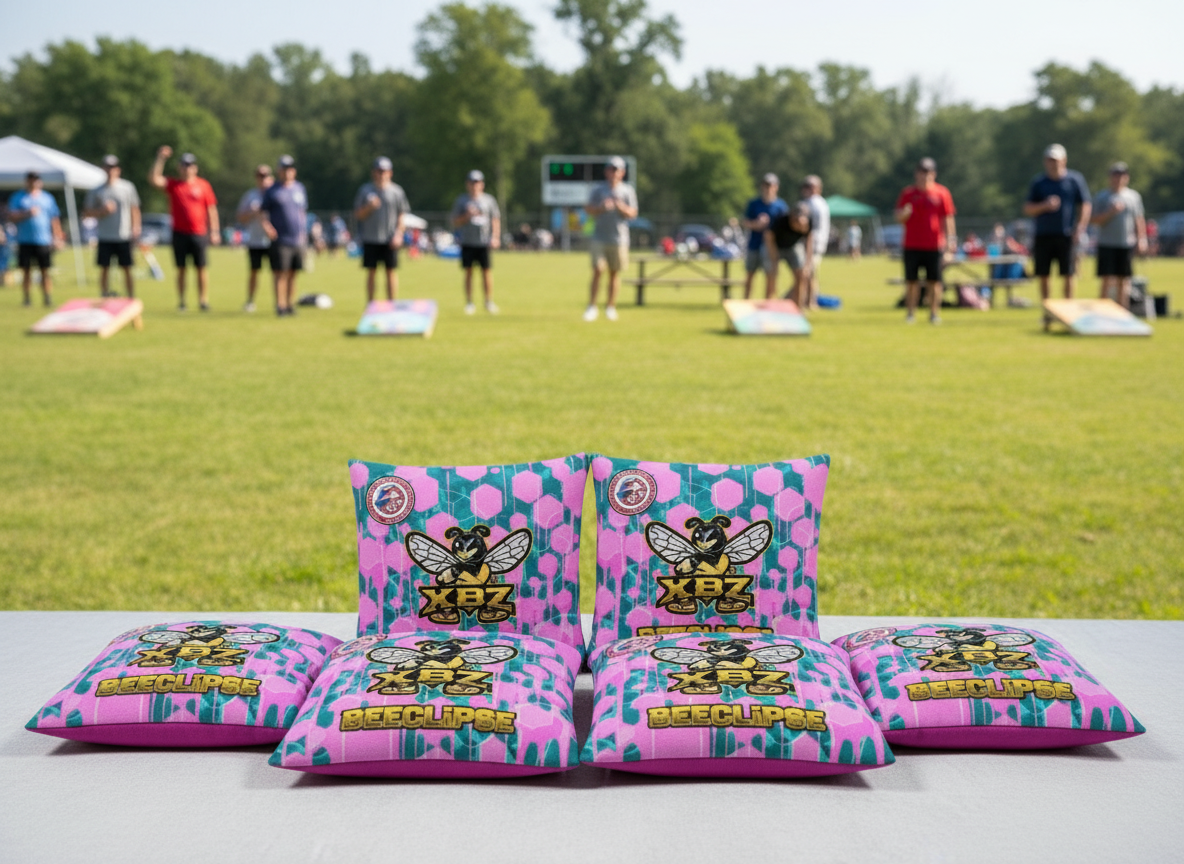 drip pink light blue beeclipse cornhole bags