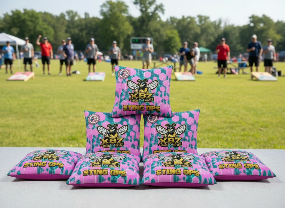 drip pink light blue StingOps cornhole bags