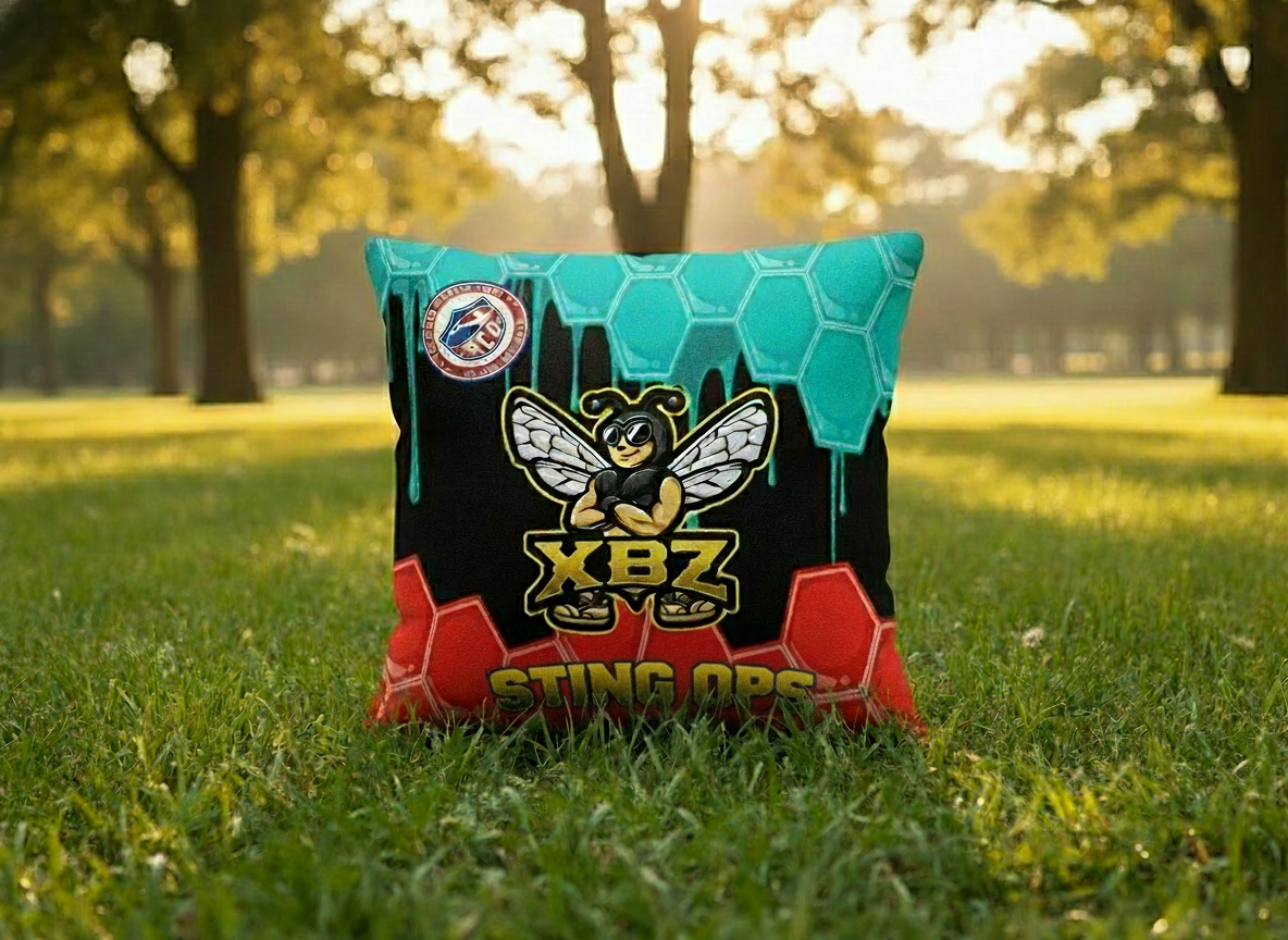 light blue black red StingOps cornhole bags