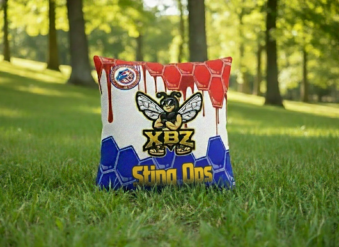 red white blue StingOps cornhole bag