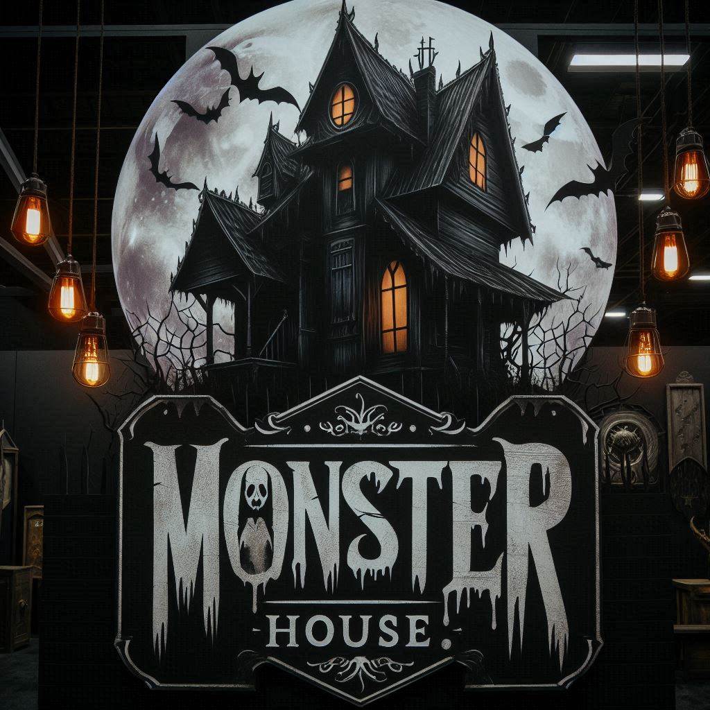Spooky haunted house with 'Monster House' sign against a moonlit sky.