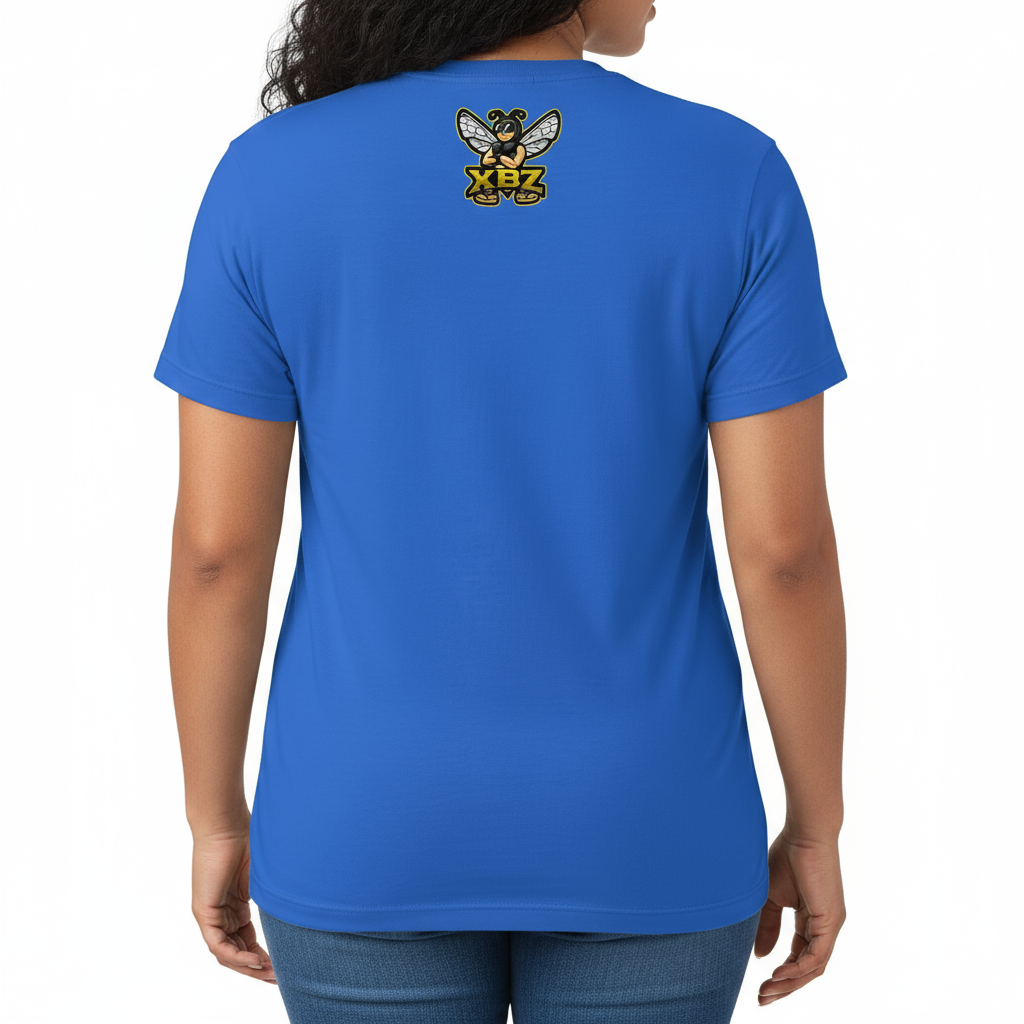 back of woman wearing light blue tee shirt