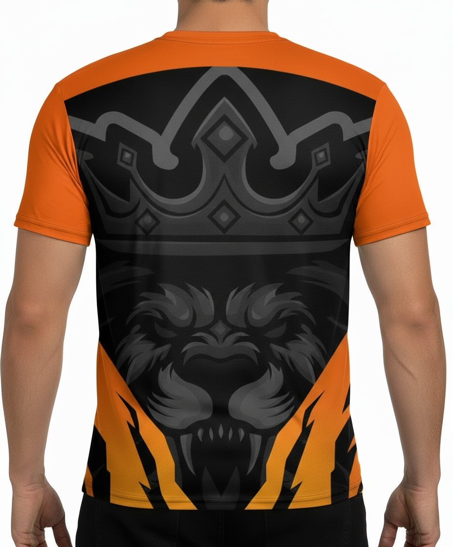 back of reign shirt Orange and black athletic shirt with a tiger design on a white background