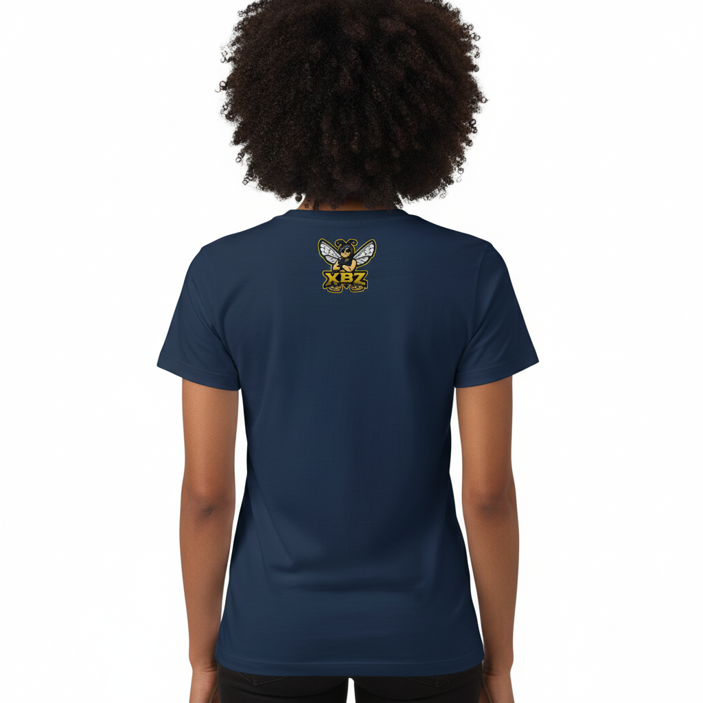 back of woman wearing navy blue tee shirt

