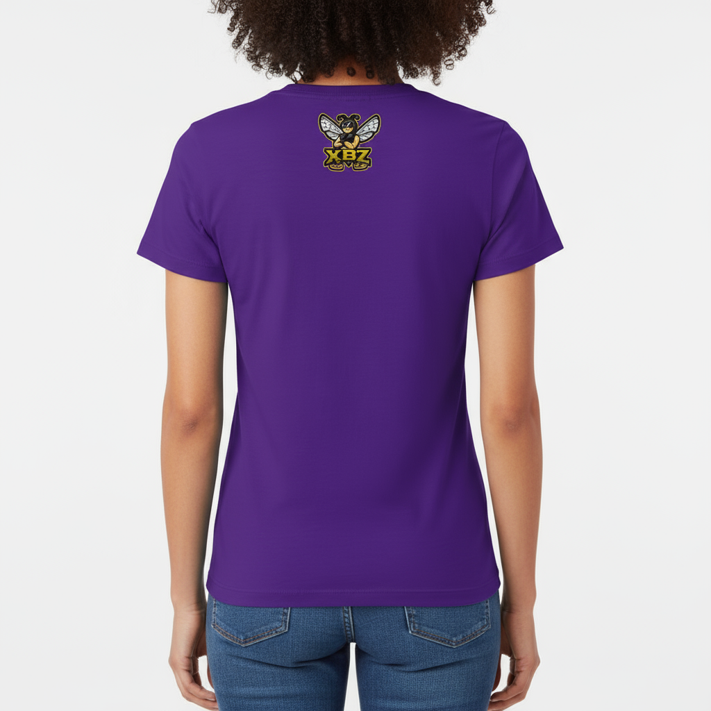 back of woman wearing a purple tee shirt