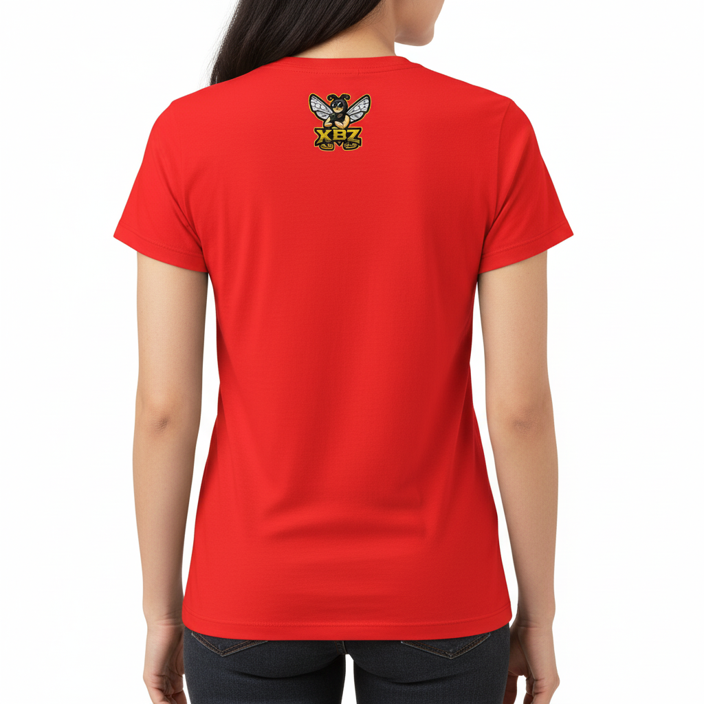 back of woman wearing red tee shirt