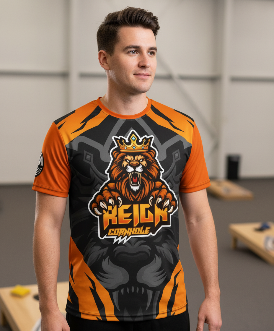 Orange and black athletic shirt with a tiger design on a white background