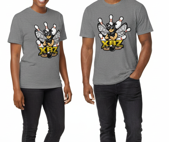 Gray t-shirt with a bee and bowling design on a white background