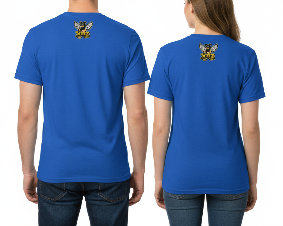 Blue t-shirt with a logo on the back against a white background