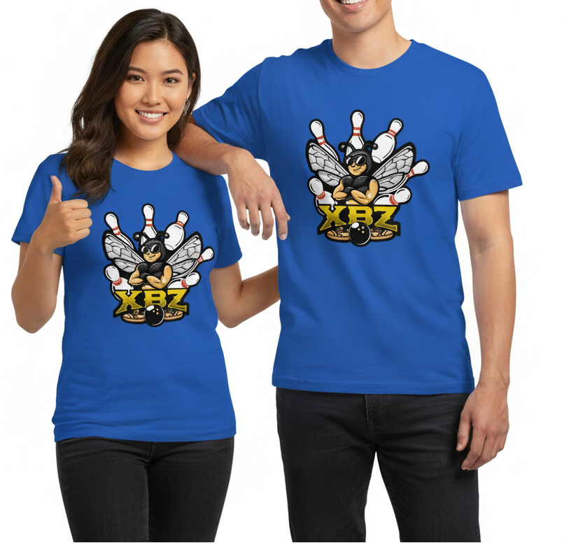 Blue t-shirt with a bee and bowling pins graphic on a white background