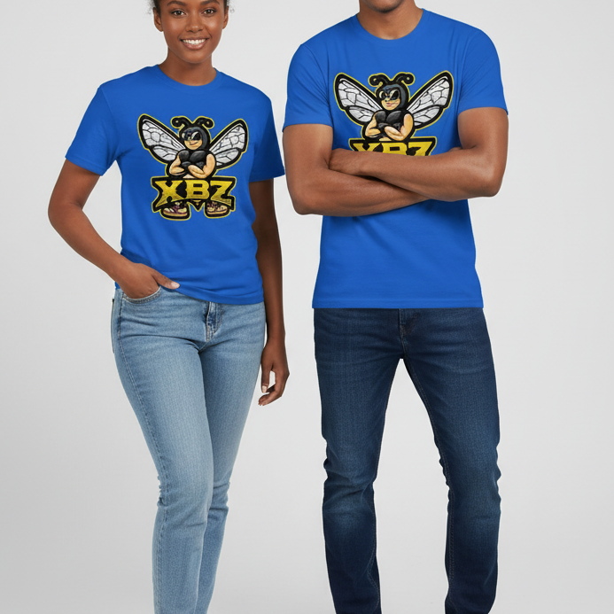 Two people wearing blue t-shirts with a logo and text on a white background